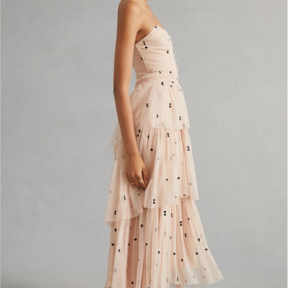 Maeve Strapless Blush Pink Tiered Tulle Maxi Dress with Black Dot Embellishments - Picture 2 of 5